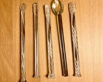 Vintage Glass Cocktail Swizzle Sticks & Spoons, Handmade Swirl Design, Set of 2