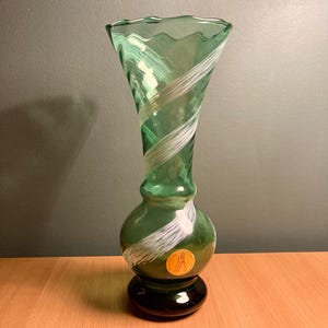 German Handmade Vintage Bottle Green Glass Vase – Swirled White Ribbon Design, Mid-Century