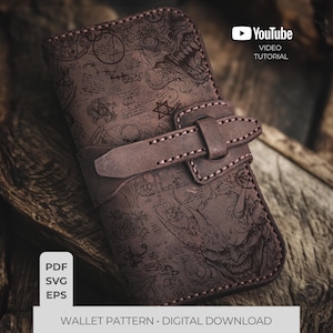 Op de afbeelding: Bruin leren portemonnee met ingewikkelde gegraveerde ontwerpen en een gespsluiting. De afbeelding bevat de tekst "YouTube VIDEO TUTORIAL". De onderkant van de afbeelding heeft de tekst "WALLET PATTERN • DIGITAL DOWNLOAD".