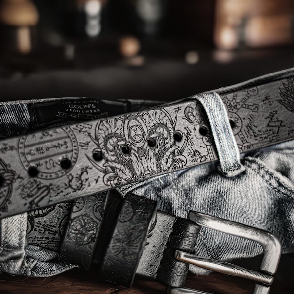 Cinturón de cuero con grabado satánico: moda gótica oculta hecha a mano
