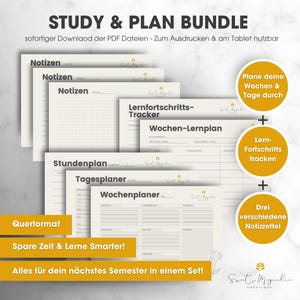 May include: A set of printable study and planning sheets for students. The sheets include a weekly planner, daily planner, hourly planner, and note paper. The text on the image reads "Study & Plan Bundle" and "Spare Time & Learn Smarter!"