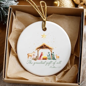 Nativity Christmas Ornament, Greatest Gift, Matthew 1:21, Ceramic Faith, Winter Decor, Christmas Gift