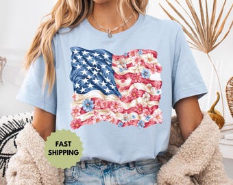Floral American Flag TShirt, 4th of July Shirt, Independence Day Tee, Patriotic Apparel, USA Flag Shirt, Gift for Her