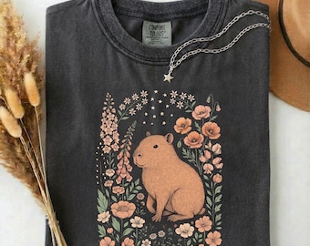 Cute Flower Capybara Shirt, Floral Capybara Tee, Kawaii Animal T Shirt, Cottagecore Aesthetic Shirt, Capybara Lover Gift, Cute Graphic Tee