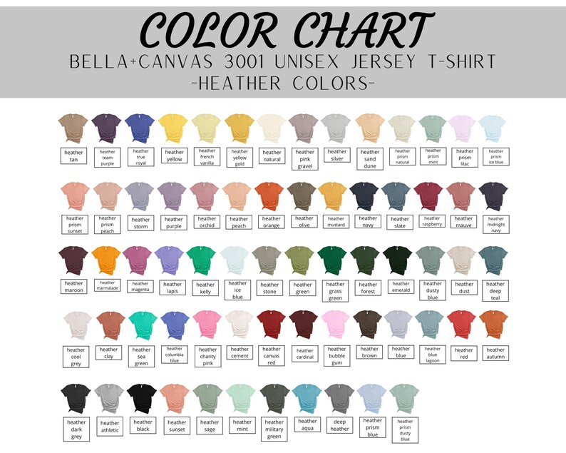 May include: Color chart for Bella + Canvas 3001 unisex jersey t-shirts. The chart shows a variety of heather colors, including yellow, pink, blue, green, red, and gray.
