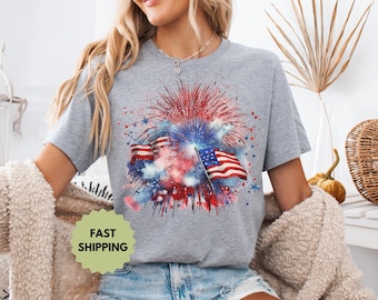 USA Feuerwerk Frauen Shirt, 4. Juli, Unabhängigkeitstag Kleid, Amerika, Rot, Weiß, Blau, Bunt Hemd, Amerikanisches T-Shirt, Feiertagsfeier