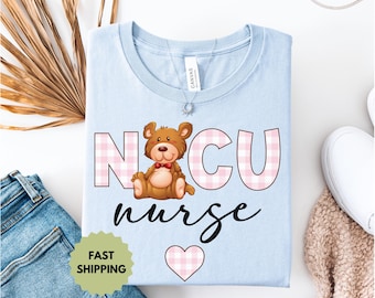 Camiseta de la UCIN, camiseta de enfermera de cuadros vichy, camiseta de enfermera de la UCI neonatal, regalo de enfermera de la UCI neonatal, camiseta de la UCIN con lazo coqueto