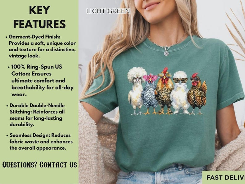 May include: A light green short-sleeve t-shirt featuring a graphic print of five chickens standing in a row. The chickens are depicted with various feather patterns and colors, including white, grey, and brown, with some wearing decorative glasses.