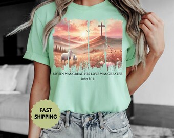 Camiseta con cruz de Pascua / Mi pecado fue grande, su amor fue mayor / Camiseta bohemia con versículo bíblico floral / Perfecta para celebraciones de Pascua