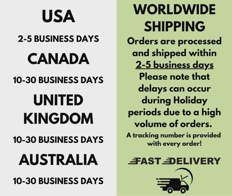 May include: A split-panel informational graphic with a light gray left side and a light green right side. The left side lists shipping times for the USA, Canada, United Kingdom, and Australia. The right side details worldwide shipping policies.