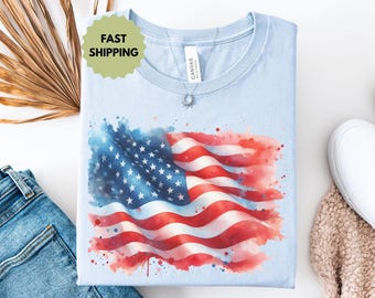 Watercolor American Flag Shirt, 4th of July Shirt, Fourth of July Graphic Tee, patriotic clothing, patriotic clothing, red white blue