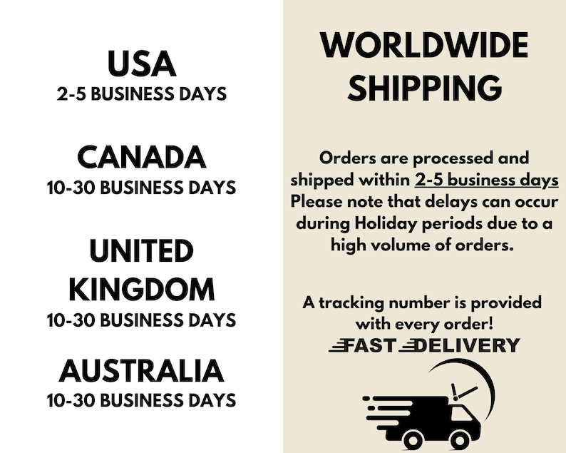 May include: A graphic showing estimated shipping times for orders to the USA, Canada, United Kingdom, and Australia. The graphic also includes the text "Worldwide Shipping" and "Fast Delivery" with an illustration of a delivery truck.