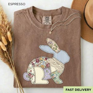 Patchwork Bunny Shirt, Printed Embroidery Style Design, Easter Shirt, Grandmacore Easter Tee, Floral Faux Patchwork Bunny Shirt