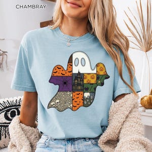 Spöklik säsong lapptäcke Halloween-t-shirt, tryckt broderistildesign, spökskjorta, söt höstspöke-quiltskjorta, mysig Halloween-t-shirt