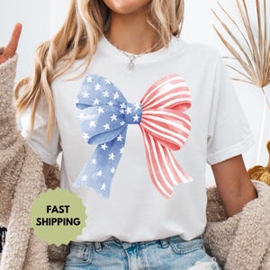 Coquette 4th of July, American Flag Shirt, USA Tshirt, Retro 4th of July, Trendy Summer Tee, Coquette Bow Tee, Patriotic Shirt