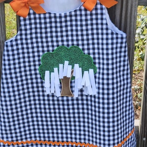 Toomer oak tree navy gingham orange trim boutique dress