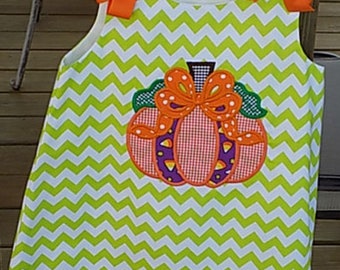 Appliqued pumkin with bow lime green chevron aline dress FREE SHIPPING