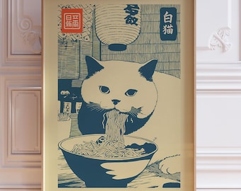 Puede incluir: Impresión artística enmarcada que presenta un gato blanco comiendo ramen de un cuenco azul. La ilustración tiene una estética vintage de inspiración japonesa, con texto en japonés y las palabras "RAMEN TIME" en la parte inferior.