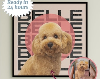 May include: A personalized pet portrait featuring a brown poodle with the name "BELLE" repeated in black text on a light pink background. The poodle is centered in a pink circle.