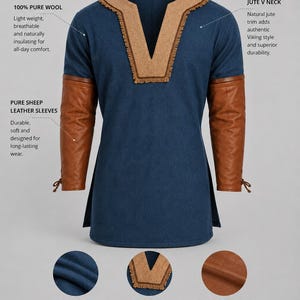 May include: A blue wool tunic featuring a tan jute V-neck trim and long brown sheep leather sleeves. The garment is labeled East Coast Vikings and includes text detailing 100% pure wool material, jute V-neck construction, and sheep leather sleeves.