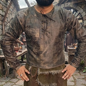 Reine Leder Wikinger Weste mit Ärmeln, Mittelalter LARP Kostüm Bestseller Lederweste