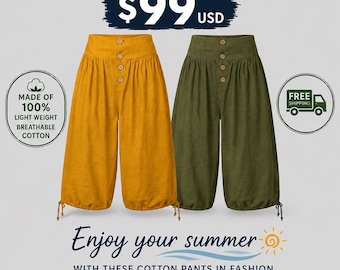 Pantalones medievales 100% algodón puro con bolsillos, transpirables, ideales para el verano.