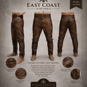 May include: Brown leather pants with a medieval design, featuring double buckle closures, hand-stitched details, and side lace-up adjustments. The pants are made of 100% pure leather and have a two-tone color. The text "East Coast Vikings" is displayed.