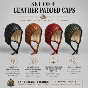 May include: A set of four leather padded caps in black, brown, red, and green. Each cap features a quilted exterior, a cream-coloured interior lining, and an adjustable chin strap. Text includes SET OF 4 LEATHER PADDED CAPS and EAST COAST VIKINGS.