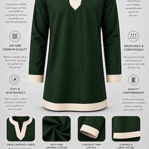 May include: A long-sleeve tunic made of dark green 100% organic cotton with a 250 GSM weight. The garment features a cream-colored V-neck collar, matching cream cuffs, and a cream hem. Text on the image highlights organic cotton and quality.