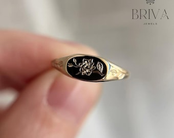 Magnolien Siegelring mit knospenden Zweigen | Naturinspirierter Floraler Goldring | Schmuck | Einzigartiges Geschenk | Minimalist Siegel für Sie