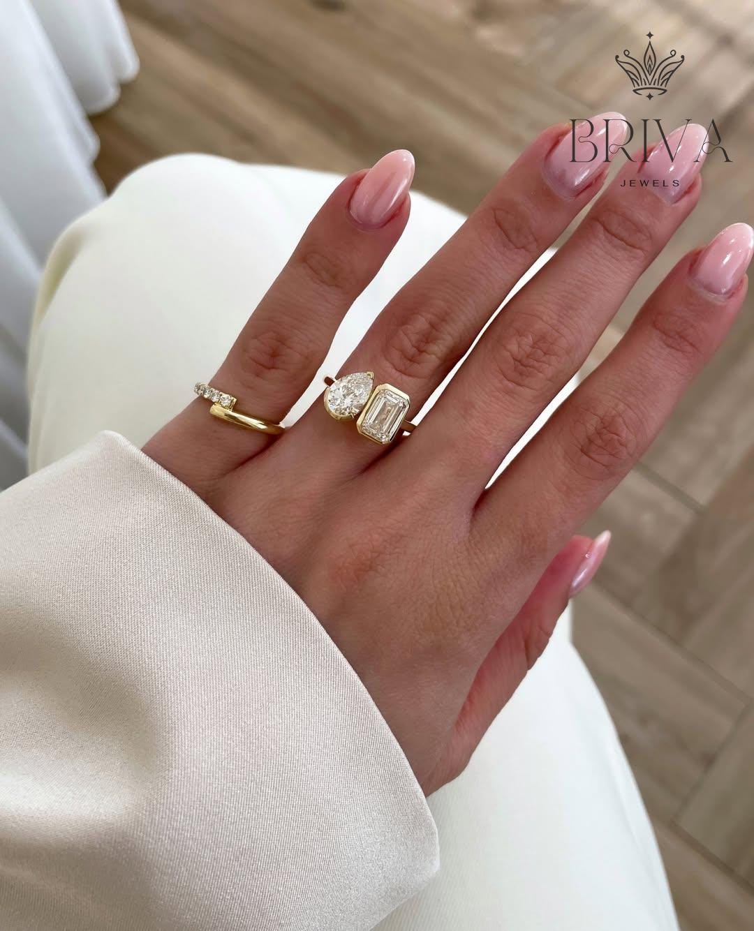2 TCW Toi Et Moi Ring | Pear and Emerald Cut Moissanite | Unique Two Stone Engagement Ring | 14K Gold Open Band | Anniversary Gift