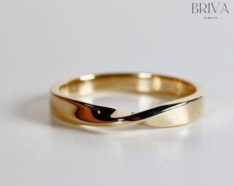 Anillo de oro con borde retorcido / Anillo minimalista apilable de oro de 14 quilates / Anillo de boda curvo único para mujer / Regalo de joyería delicada para el día a día