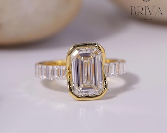 Anillo de moissanita con corte esmeralda / Anillo de compromiso con bisel y piedras laterales talla baguette / Anillo de bodas clásico de oro de 14 quilates / Elegante regalo de aniversario