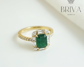 Anillo de esmeralda de talla esmeralda / Esmeralda verde de 1,40 quilates enmarcada con diamantes redondos y baguette / Anillo de compromiso vintage / Regalo de joyería fina para ella