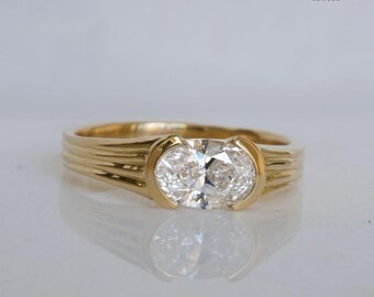 1.5 CT Oval Ring | Unique Grooved Design Band | Modern Minimalist Wedding Band | Elegant Gold Statement Ring for Her | Gift For Her