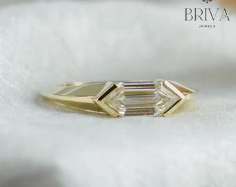 Hexagon Moissanite Ring with Bold Gold Band | Modern Geometric Statement Ring | Unique Engagement Ring for Her