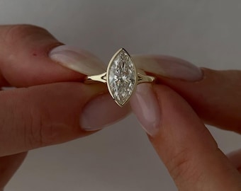 Marquise Cut Moissanite Ring in Bezel Setting | Elegant Solitaire Engagement Ring in White Gold | Modern Moissanite Ring for Her