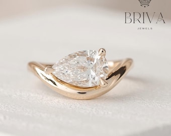 Anillo de compromiso curvo con diamante de moissanita de 1,2 quilates, piedra central con corte de pera, anillo nupcial único y elegante, joyería de boda clásica para ella.