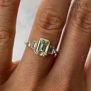 1.5 CT Emerald Cut Moissanite Ring with Baguette Diamond Sides | Bezel Set 14K Gold Engagement Ring | Modern Vintage Bridal Jewelry