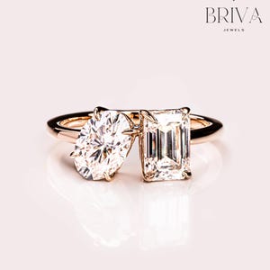 3CT Emerald and Oval Cut Toi Et Moi Ring | Two Stone Moissanite Engagement Ring | Unique Crossover Design | Birthstone Anniversary Ring