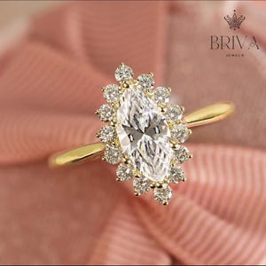 2.5CT Marquise Cut Moissanite Halo Ring | Vintage-Inspired Cluster Engagement Ring in Yellow Gold | Dainty Bridal Ring for Her