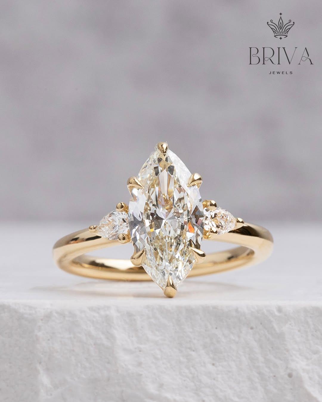 Marquise Cut Moissanite Ring with Pear Side Stones | Three Stone Moissanite Engagement Ring in Yellow Gold | Elegant Marquise Ring for Her