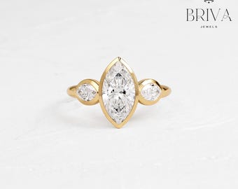 1.5 CT Marquise Cut Bezel Set Ring | Unique Thigology Design with Side Marquise Accents | Moissanite Engagement Ring in 14K Gold