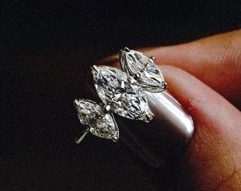 Three Stone Marquise Cut Moissanite Ring with Side Accent | Small Marquise Side Stones | Vintage-Inspired Gold Ring | Engagement Ring