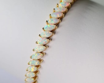 Marquise Cut Opal Tennis Armband | 14K Gelbgold zierliches Armband | 3 mm x 6 mm Opal Edelstein Armband | Eleganter Oktober Geburtsstein Schmuck