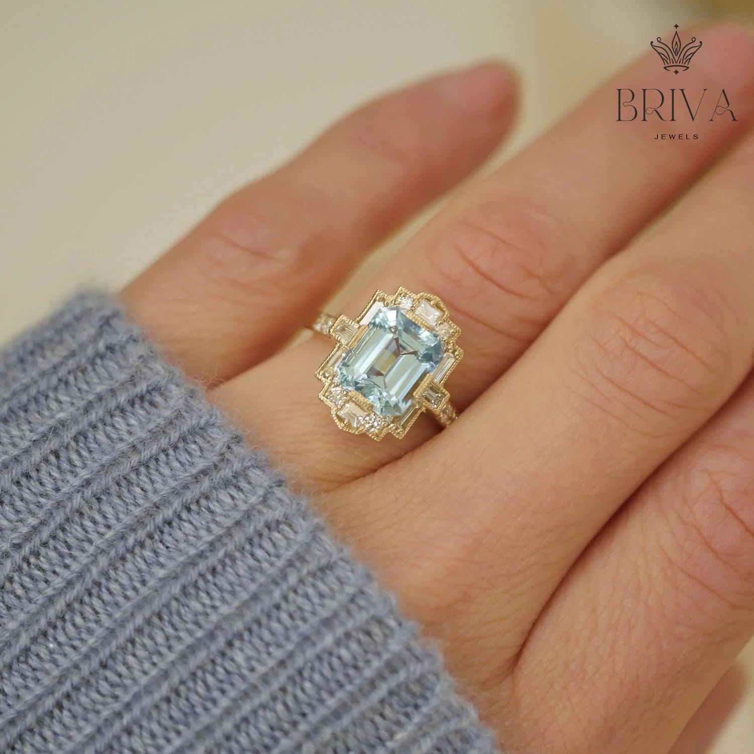 Anillo Art Déco / Anillo de mosaico de aguamarina y diamantes con corte esmeralda / Anillo de compromiso de inspiración vintage / Elegante joya llamativa