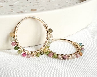 Wrapped Mini Tourmaline Hoops, gemstone hoops, wrapped hoops, crystal and stone, gifts for her, Minimalist, handmade jewellery, gift