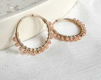 Wrapped Mini Sunstone Hoops, gemstone hoops, wrapped hoops, crystal and stone, gifts for her, Minimalist, handmade jewellery, gift
