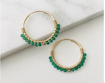 Green onyx wrapped hoops, gemstone hoops, wrapped hoops, crystal and stone, gifts for her,  Minimalist, handmade jewellery, gift