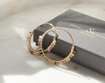 Wrapped Tourmaline Hoops, gemstone hoops, wrapped hoops, crystal and stone, gifts for her, Minimalist, handmade jewellery, gift